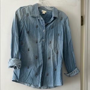 Embellished Denim Button-Up Shirt